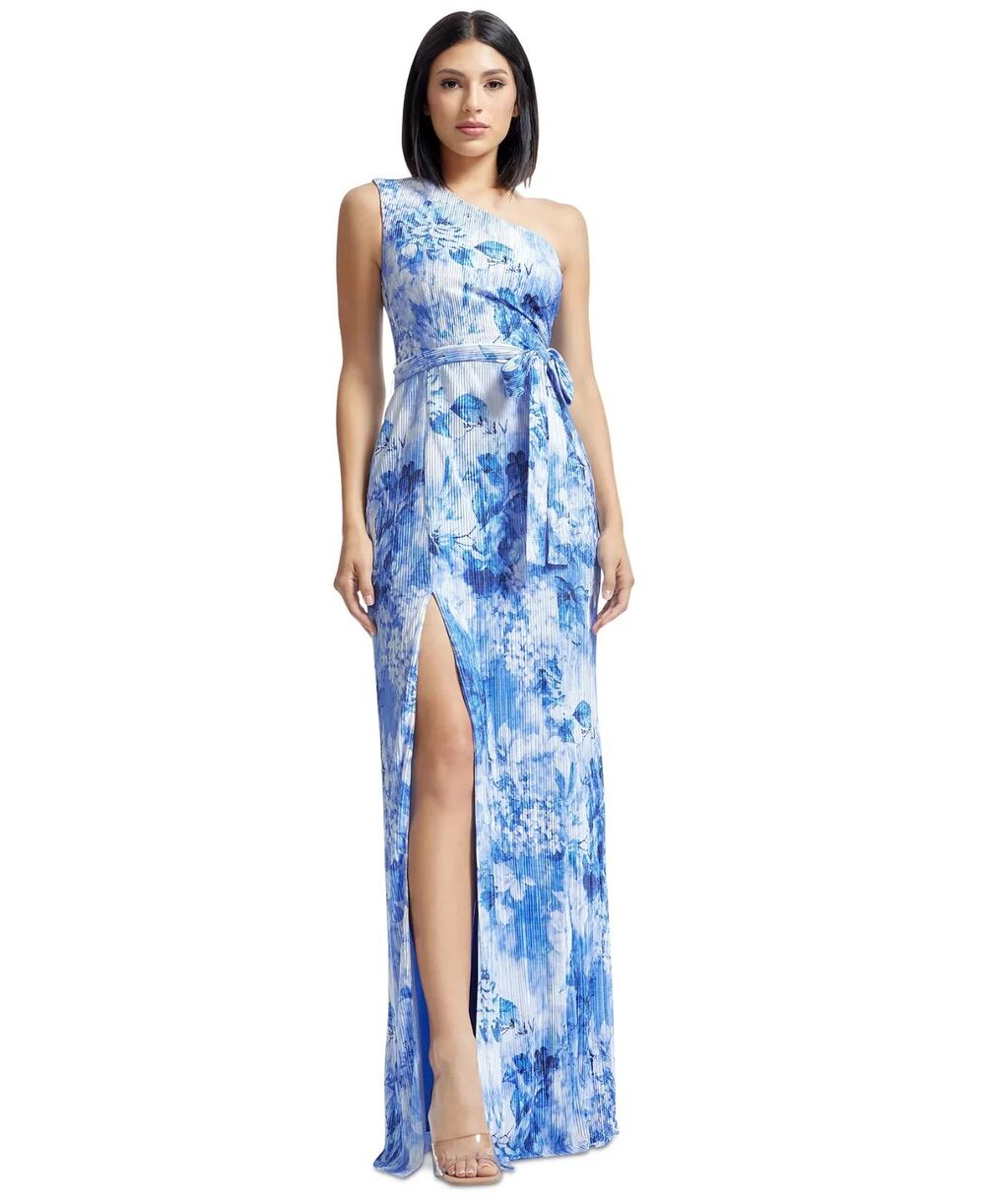 Dress the Population Bella Floral-Print Pleated One-Shoulder Gown Size M 4085